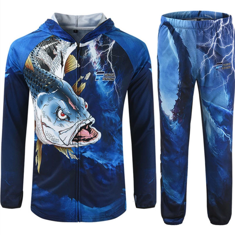 

Summer Shirts UV Sun Protection Fishing Clothing Set Quick Dry Breathable Clothes Men Outdoor Sport Shirt Hooded and Pant