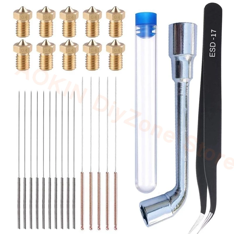 3D Printer M6 Brass Extruder Cleaning Kit 10pcs V6 V5 0.4mm Nozzles 15Pcs Needles 1pc Spanner & Tweezer for E3D Makerbot | Компьютеры и