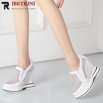 

RIBETRINI New Women Fashion Height Increasing Shoes Women Breathable Mesh Pumps Summer Genuine Leather Pumps