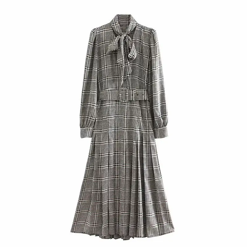 

WOMEN'S Dress 20 Years Spring New Style Retro Check Print Collar Bow Lace-up Waist Hugging Slimming Dress