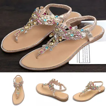 

Women Colorful Rhinestone Flat Sandals Open Toe Instep Beach Casual Sandals H66