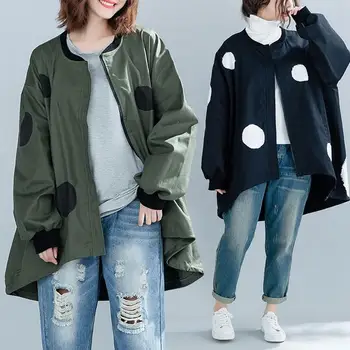 

Women Plus Size Print Polka Dot Jacket Batwing Sleeve Zipper Female Clothes Loose Oversized Autumn Winter Coat