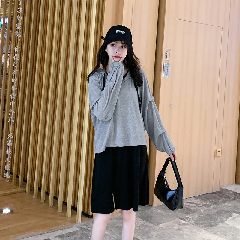 

2020 Spring New Style Large Size Dress Versatile Zipper Knitted Vest Dress + Hoodie Two-Piece Set