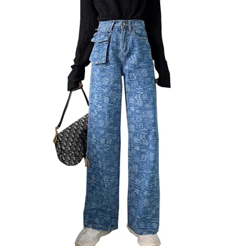 

Wallet Bag 2019 Autumn Winter New Trend Letter Jacquard Washed Denim Straight Pants Female BF Retro Harbor Style Jeans Plus Size