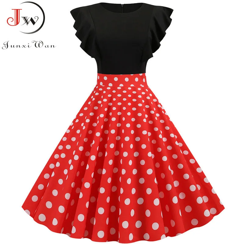 

New Women Red Party Dress Flower Petal Sleeves Elegant Patchwork Polka Dot Vintage Dress Robe Femme Plus Size Casual Vestido