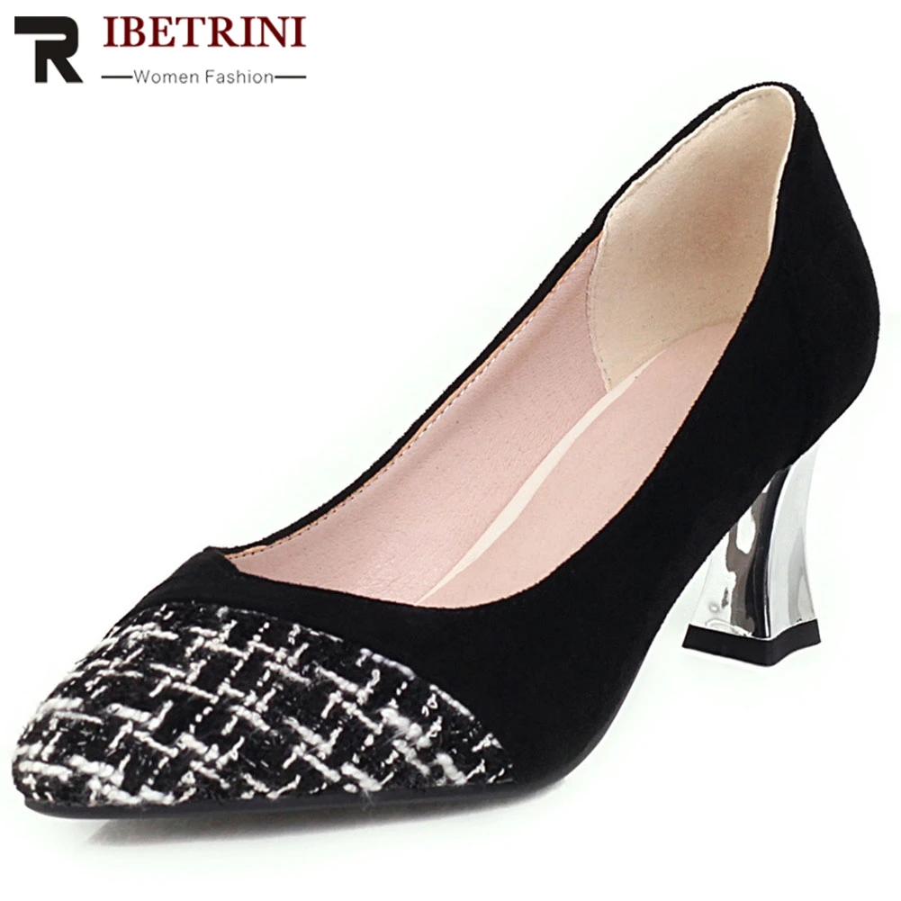 

RIBETRINI Elegant Shallow Female Shoes Woman Shallow Spring Casual Cloth Flock Pumps Women Office Comfortable High Heels Pumps
