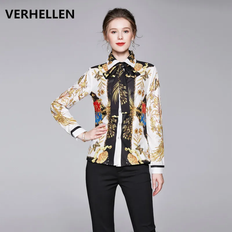 VERHELLEN High Quality Runway Blouse Plus Size 2019 Autumn Women's Long Sleeve Bow Vintage Printed Shirt Elegant Casual Top | Женская