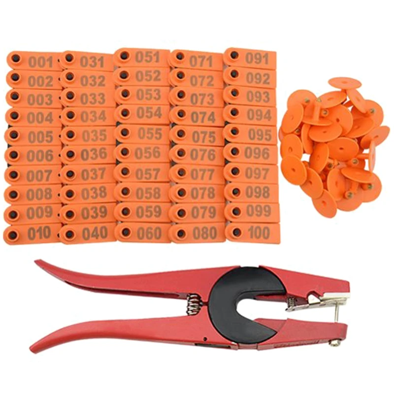 

100 Plastic Cattle Cattle Ear Tag 1-100 Animal Tag and 1 Ear Tag Labeler Set for Livestock Management Marking Orange + Red