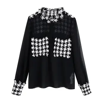 

Women Patchwork Tweed Blouse Long Sleeve Female Elegant Shirt Stylish Chic Top Blusas