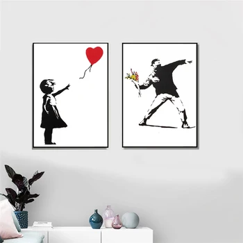 

Banksy Graffiti Art Canvas Painting Girl With Red Balloon Painting Black and White Wall Art Poster Nordic Living Room Home Decor