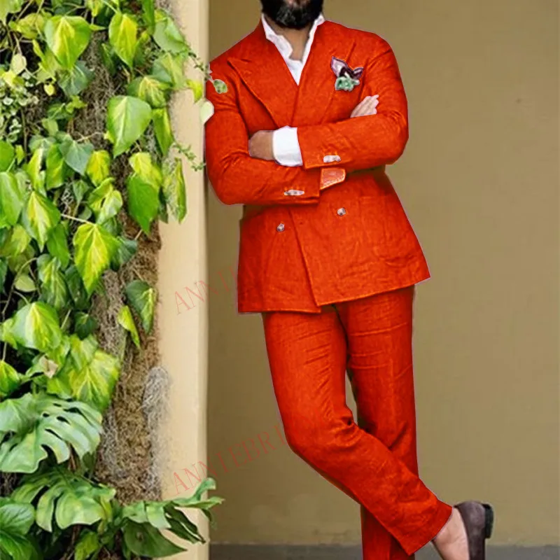 New Designs Orange Linen Suit Men 2 Pieces Set Tailored Groom Tuxedo Beach Wedding Suits For Men