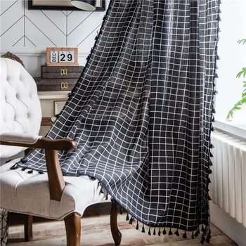 

Curtains Window Treatment Black Plaid Tassel Cotton Linen Semi-shading High-grade Korean Style Cortina For Shading Decor