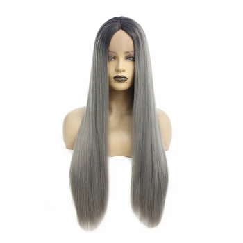 

Fashion Long Straight Lace Front Wigs Grey Ombre Wig 24" Middle Part Synthetic Wigs for women Heat Resistant Fiber Hair 26inch