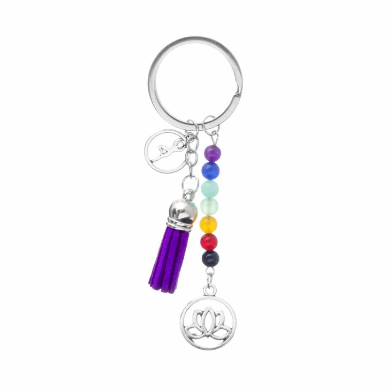 Purple 7 Чакр Природный энергетический камень цветок лотоса Yogi брелок для женщин Йога Фитнес Aum брелок с кисточкой на сумки ювелирные изделия подарок - Color: Purple