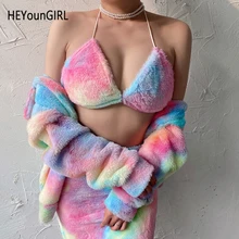 HEYounGIRL, галстук, принт, пушистый, сексуальный, короткий топ, для женщин, без спинки, без рукавов, на тонких бретелях, топы, футболки, галстук, v-образный вырез, Холтер, топы на бретельках