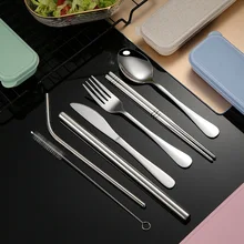 9Pcs/Set Stainless Steel Cutlery Portable Tableware Set Spoon Fork Knife Straw Flatware Set Case Reusable Travel Cutlery Set