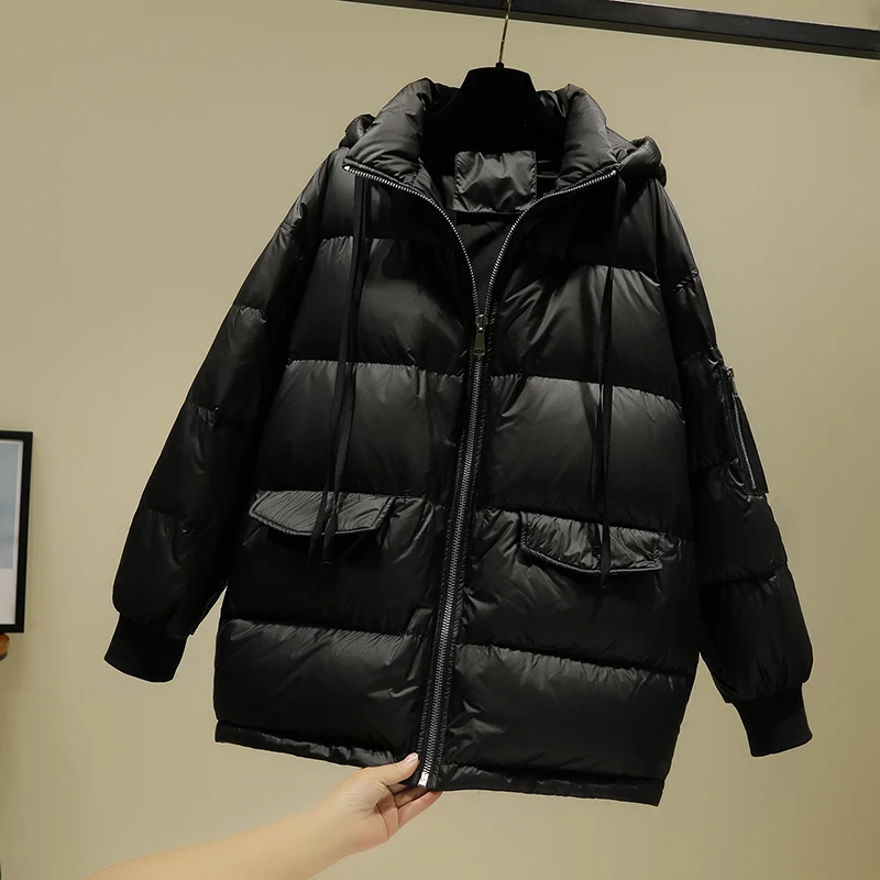 

Winter Women Down Jacket 2019 New Fashion Loose Hooded Outwear Solid Color Large Size Coat Women White Duck Down Jacket