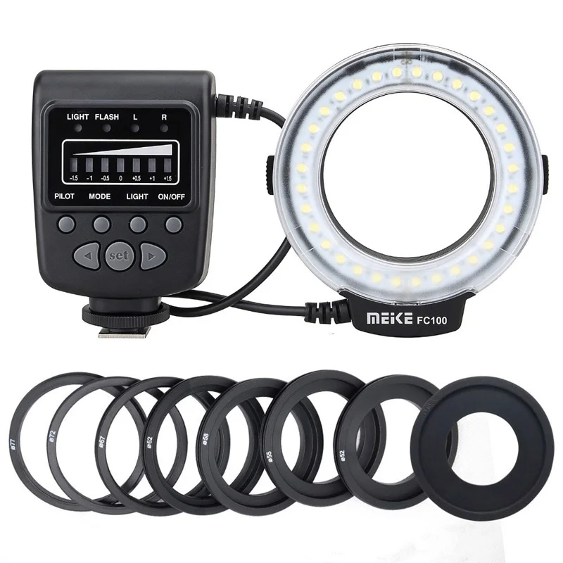 Mcoplus FC-100 매크로 LED 링 플래시 라이트, 어댑터 링 포함, 니콘 캐논 펜탁스 올림푸스 파나소닉 DSLR 카메라, Meike