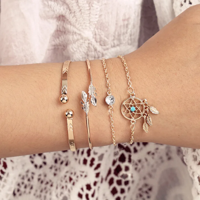 4 шт Золотые толстые браслеты в виде перьев Набор браслетов Boho Dreamcatcher