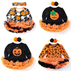 Платье на Хэллоуин для маленьких девочек 0-2 лет, комбинезон с длинными рукавами, пачка, повязка на голову на Хэллоуин, комплект из 2