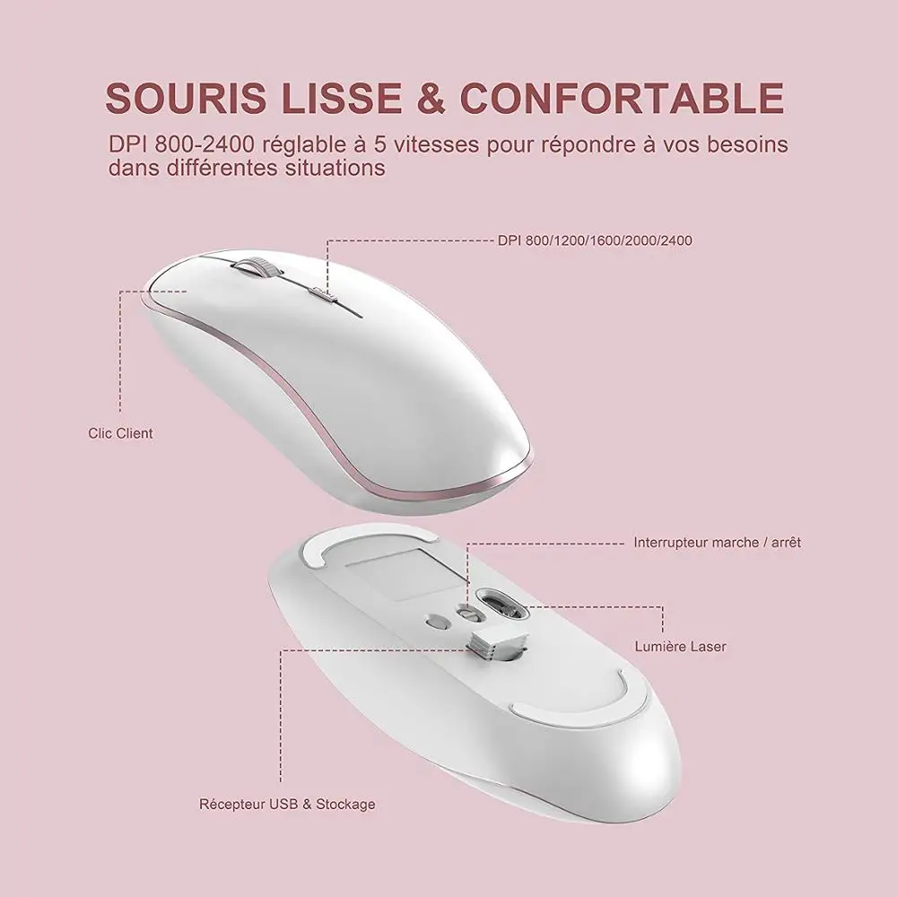 Francês sem Fio Teclado Mouse Ghz Ultra-fino Conjunto Portátil Silencioso Ergonômico Azerty Layout-rosa 2400 Dpi 2.4 - Imagem 4