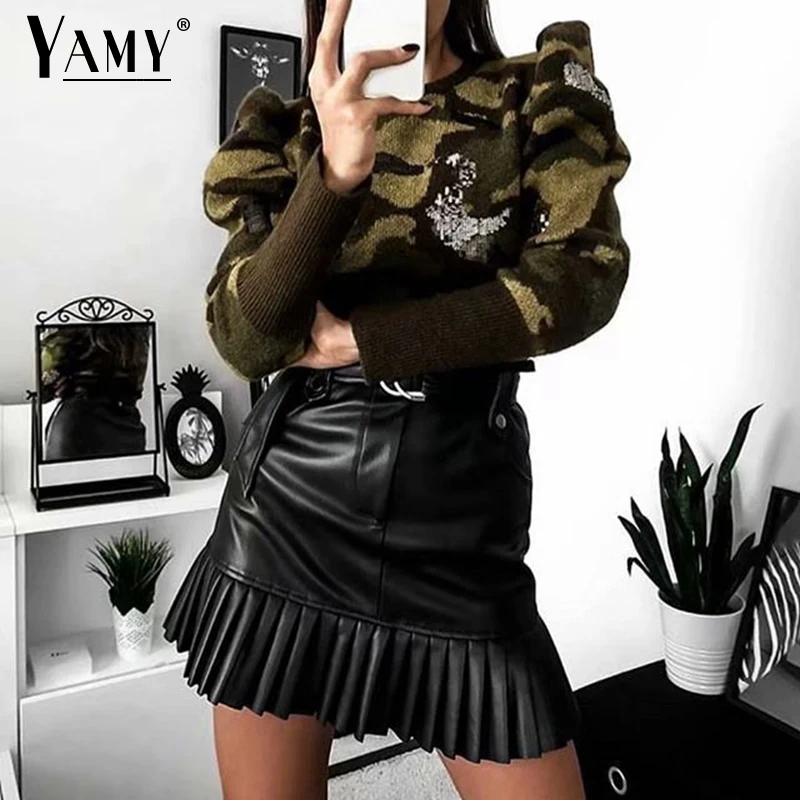 Черные кожаные юбки Женская юбка из искусственной кожи А силуэта Корейская с