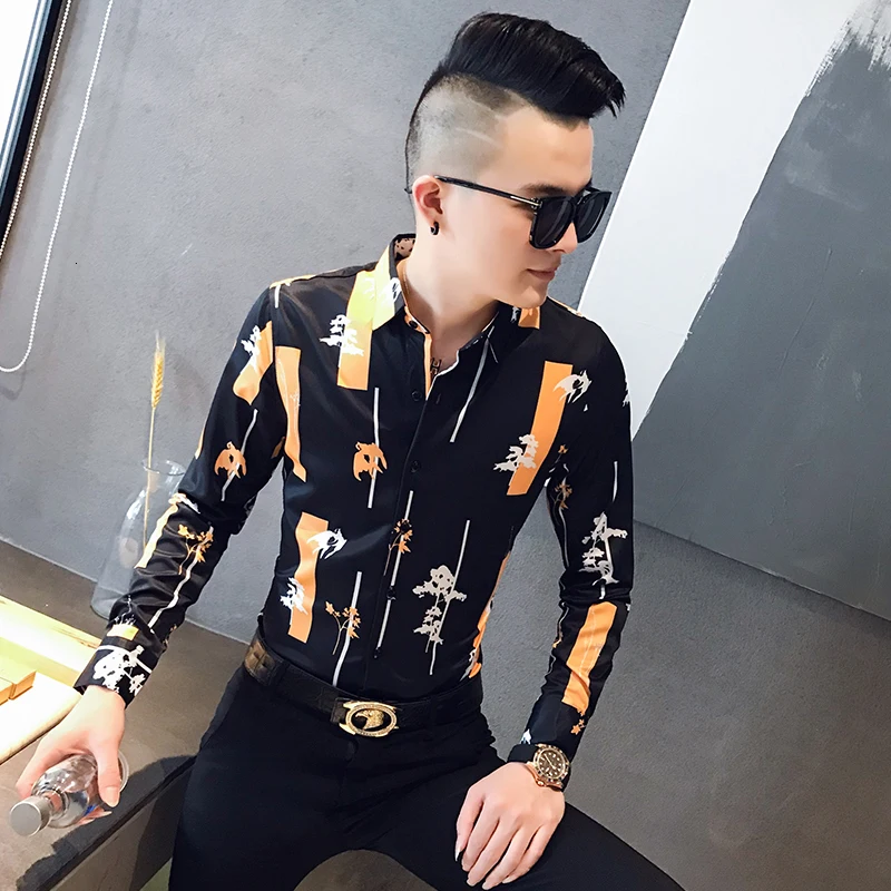 Качественная рубашка с принтом, мужская рубашка Camisa Slim Fit, дизайнерская рубашка, одежда, рубашка, мужская рубашка с длинным рукавом для отдыха, рубашка с цветком