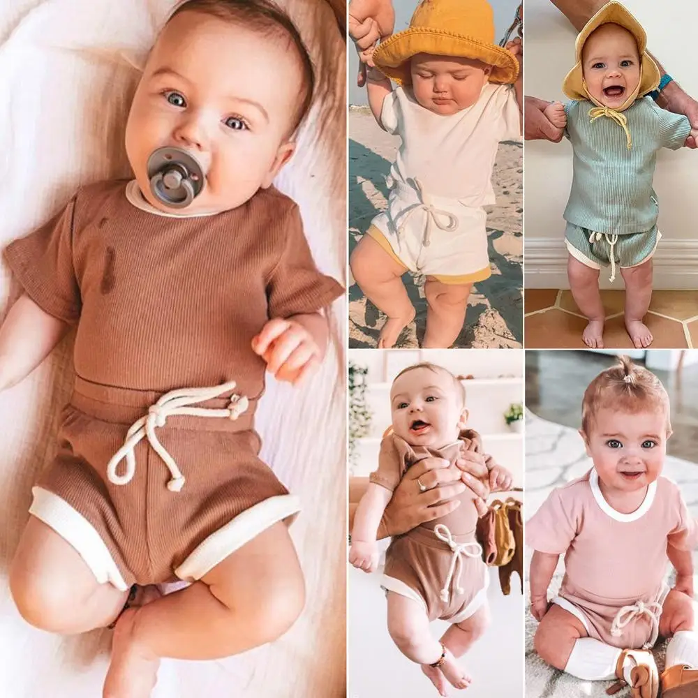2020 New Summer Solid Color Pit Strip Fabric 9 Colors Optional Short-Sleeved Shirt Shorts Suit Boy Girl Baby Clothes + Pants | Детская