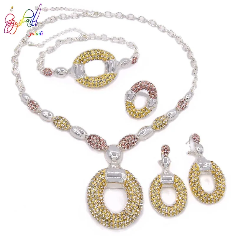 Yulaili, модный австрийский кристалл, трехцветная длинная цепочка, ожерелье, серьги, Дубай, ювелирные наборы для женщин, вечерние, подарок на праздник