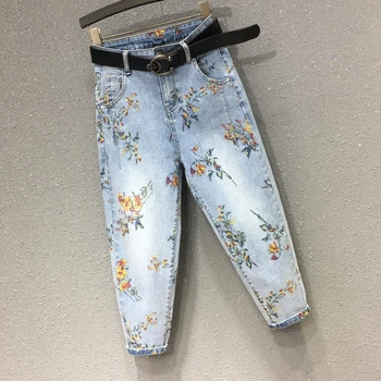 

2020 Summer Spring Casual Womens High Waisted Floral Printed Blue Denim Harem Pants , Loose Jeans Trousers for Woman