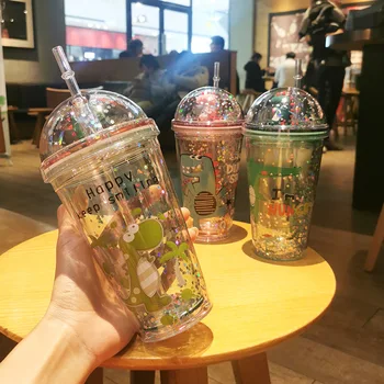 

450ml Summer Cartoon Dinosaur Plastic Water Bottle Double Plastic Bottle for Water Cute Portable Milk Juice Bottle with Straw