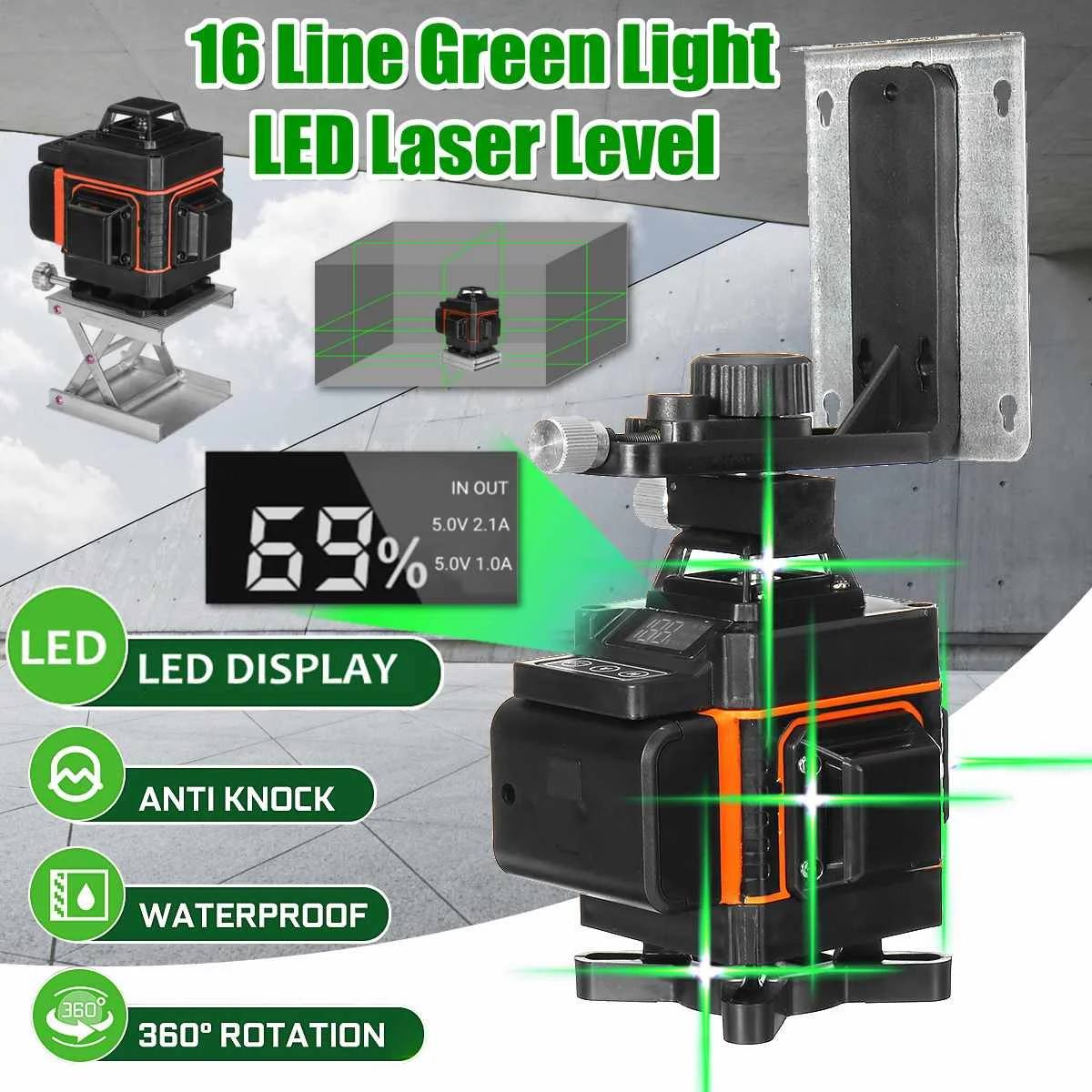 

16 Lines 3D Laser Level Levels Auto Self Leveling 360 Rotary Measure Horizontal Vertical Cross LED Display Powerful Green Laser