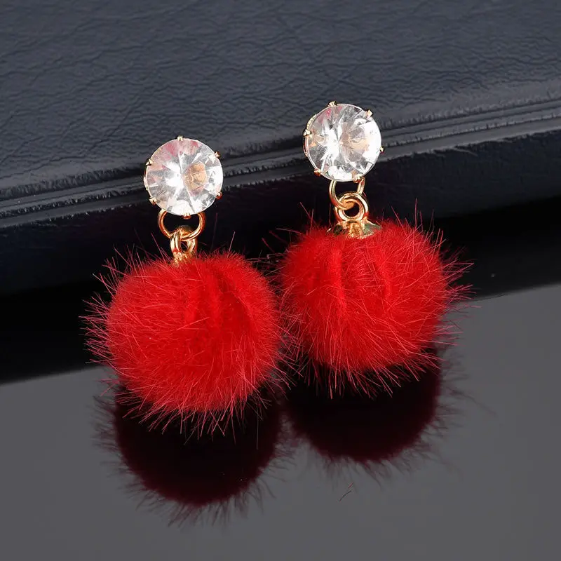 Korean Sweet Hair Ball Dangle Earring For Women Jewelry Pink Red
