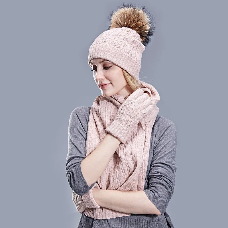 Real Fur Pompom Winter Knitted Hats For Women Hat Scarf Glove Set 3 Piece Sets Twist stripes Cap Gorros Bonnet Beanie Skullies