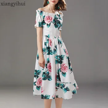 

Women Vintage White Dress Floral Printing Beach Dresses Summer Short Sleeve Bohemian Midi Dress Elastic Waist vestidos 2020