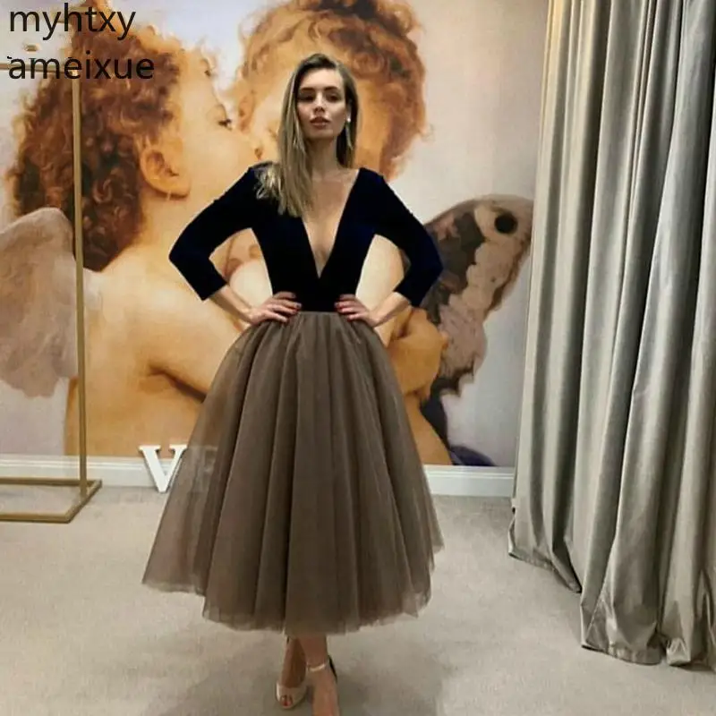 

New Sexy Long Sleeve Custom Plus Size Evening Dresses 2021 Ever Pretty Black Velvet Abiye Short Dress Cheap Gown Robe De Soiree