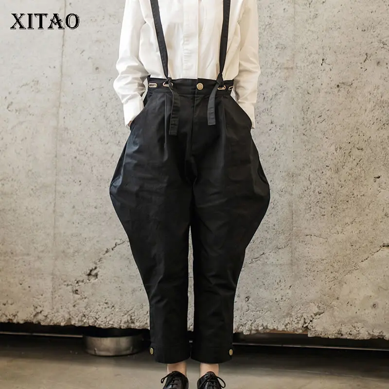 

XITAO Strapless Pleated Jumpsuits Women Fashion Pocket Black Plus Size Elegant Small Fresh Autumn Minority Bodysuits WLD2921