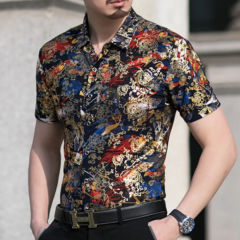 Gold Bronzing Silk Shirts For Mens Club 