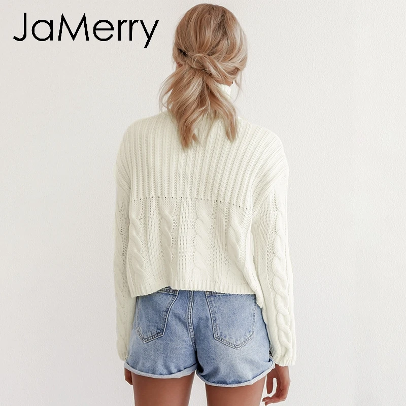 JaMerry, винтажный вязаный свитер с высоким воротом, Женский пуловер с длинным рукавом, элегантный белый однотонный Повседневный зимний женский теплый свитер