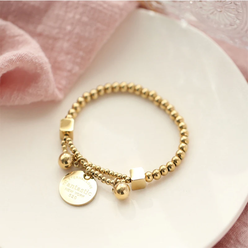 Stainless Steel Gold Color Beads Round Tag Bracelets Trendy Simple Bracelets Female Girl's Fashion Party Jewelry stainless steel bracelet