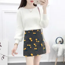  2021 Women Two Piece Set New Fashion Fall Winter Yellow Mohair Lanter Sleeve Pullover And Woolen Embroidery Mini Skirt Set 