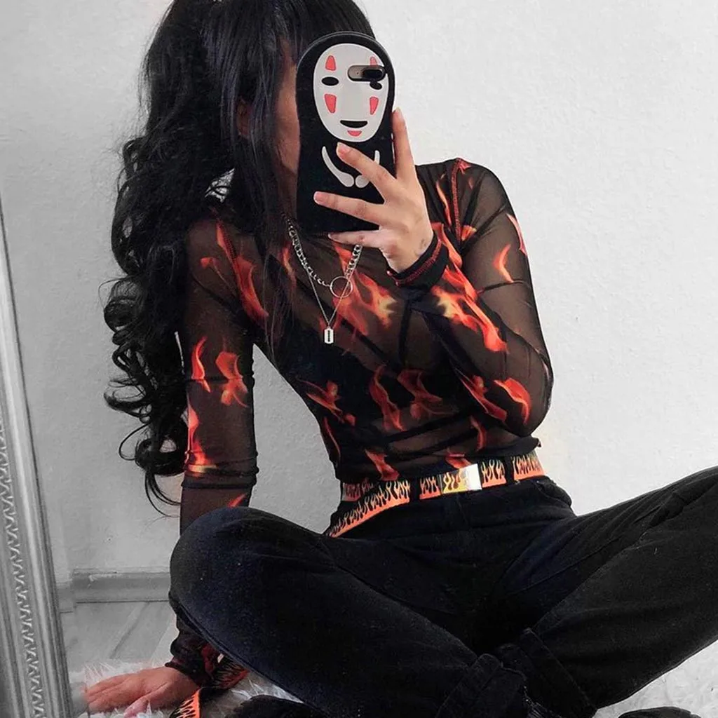 

Sexy Women T Shirt Fashion Turtleneck Long Sleeve Starry Fire Print Mesh Perspective Streetwear Short Top Camiseta Mujer