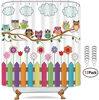 

Owl Shower Curtain Set Metal Hooks 12 Packs Sunny Day Cloud Countryside Owls on a Branch Decor Fabric Set Polyester Waterproof