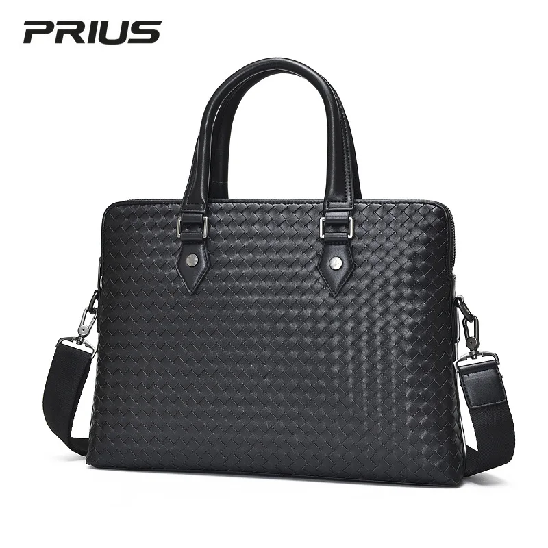 

Prius Men's Bag New Style Leather Woven Bag Double Layer Zipper Brief Case Business Computer Bag MEN'S Handbag