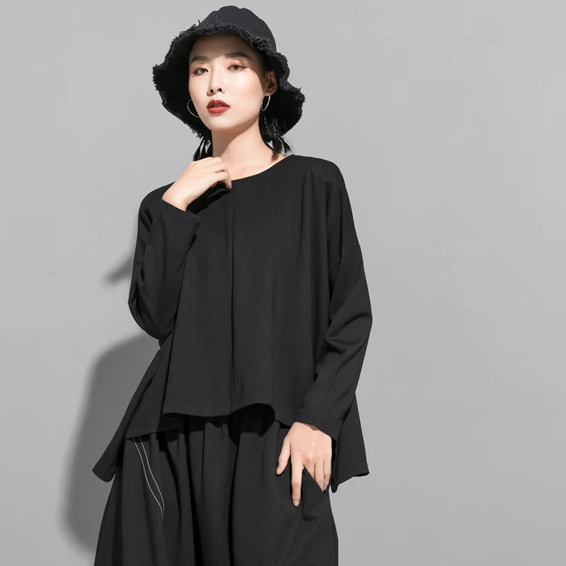

women black color Zipper Dark Loose A word Irregular Long Sleeve Tees plus size tops 2020 O neck Fashion Loose T Shirt