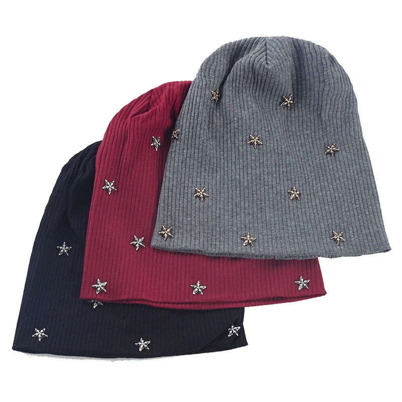 Geebro Women Star Ribbed knitted Cotton skullies Beanie Casual Soft Design Solid Bonnets hat Ladies Slouchy Hat Wholesale 3