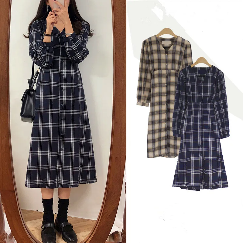 

2020 Spring Clothing New Style South Korea Retro Lace-up Waist Hugging Long Sleeve Plaid Dress Student