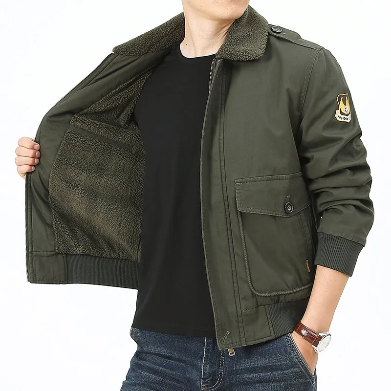 Army Green Зимняя мужская куртка в стиле милитари с шерстяной подкладкой, теплые мужские парки с карманами и меховым воротником, приталенная куртка-бомбер, мужские парки, размер M-4XL - Цвет: Army Green