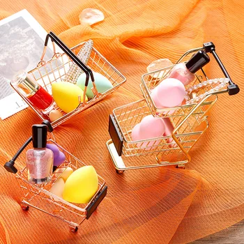 

2020 New Mini Shopping Cart Storage Case Creative Metal Beauty Blender Storage Box Desktop Artistic Decor Cosmetic Organization