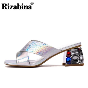

RIZABINA Cow Leather Sandals Women Open Toe Thick Heels Slippers Fashion Crystal Comfortable Summer Beach Shoes Size 34-42